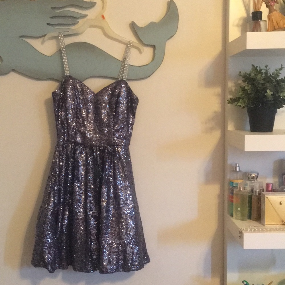 Purple short sequin homecoming dress with straps